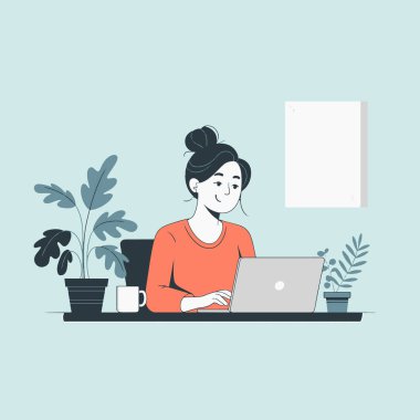 Ev işleri konseptinde dizüstü bilgisayarda çalışan genç bir kadın.