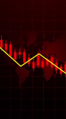 Finansal bir grafiğin profesyonel dikey grafiği dünya haritasında aşağı yönlü bir eğilim gösteriyor, küresel piyasa krizleri üzerine sosyal medya hikayeleri için harika.
