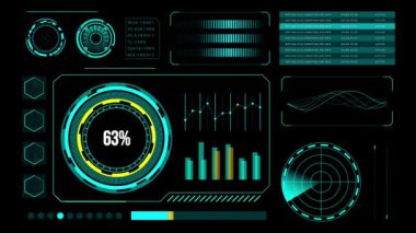 Teknoloji ve bilim kurgu videoları için harika, bir ilerleme çubuğu ve çeşitli veri noktaları içeren, gelecekçi bir baş yukarı doğru (HUD) 'nin kusursuz bir döngü hareketi grafiği.