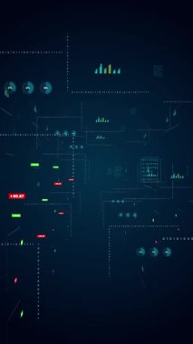 Bir kayan veri ızgarası ve çeşitli veri noktaları ile gelecekteki dijital arayüzü gösteren hareketli bir dikey arkaplan, teknolojik uygulamalar için mükemmel.