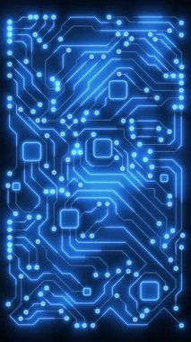Akan ışık, teknoloji, dijital ve elektronik temalar için ideal, gelecekteki mavi devre deseninin dikey bir animasyonu.