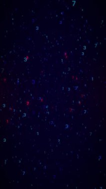 Karanlık, kübik bir alanda hareket eden, ağı, veri analizini ve teknolojiyi temsil eden soyut veri parçacıklarını gösteren dikey bir animasyon.