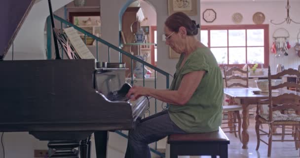 늙은 여 자가 그녀의 집에서 그랜드 피아노를 연주 — 비디오