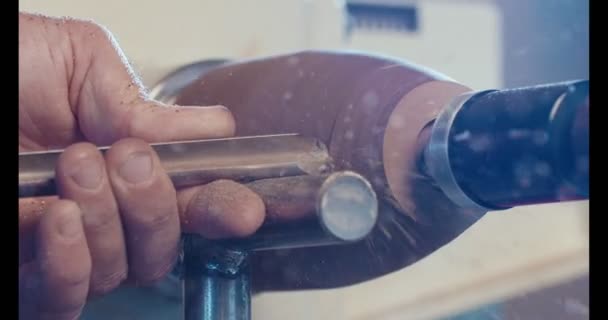 Man working on a wood lathe creating art - slow motion macro shot — Stock Video