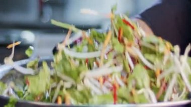 Yavaş hareket ile havuç, hazırlanan yeşil salata yaprakları, lattuce ve Brüksel lahanası