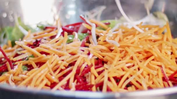 Зеленый салат, приготовленный в замедленной съемке с морковью, листочками, латуком и капустой — стоковое видео