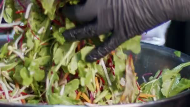 Ensalada verde preparada en cámara lenta con zanahorias, hojas, lechuga y brotes — Vídeos de Stock