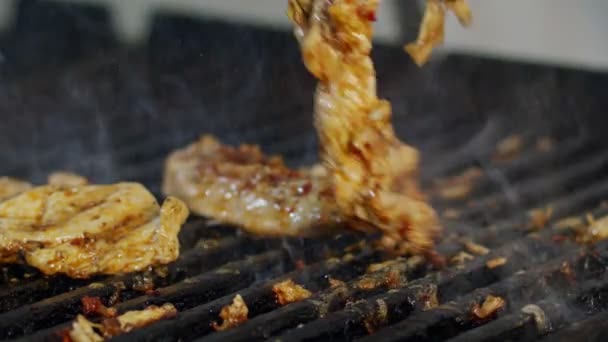 Zbliżenie na piersi z kurczaka pieczone na grillu z płomieni — Wideo stockowe