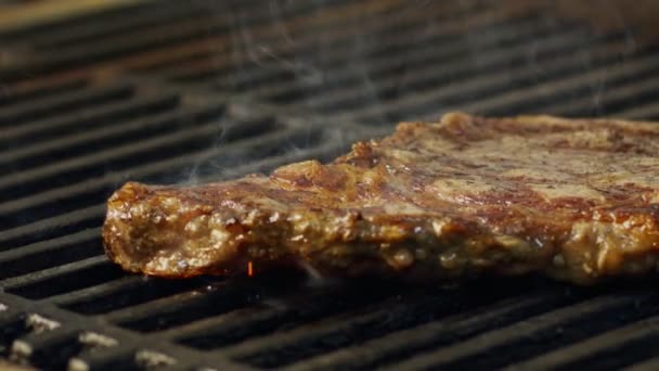 Slow motion van een grote rundvlees entrecôte gegrild op een houtskool barbecue — Stockvideo