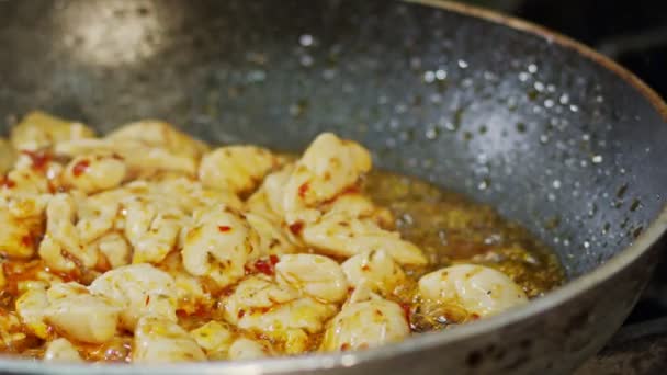 Mouvement lent de la viande de poulet frite dans une casserole avec sauce — Video