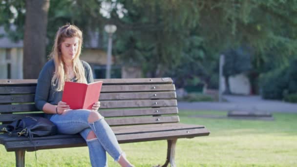 Young woman sitting on a bench, recieving a message and looking around — Stock Video