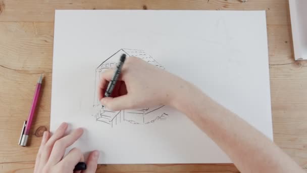 Timelapse of artist drawing a house — Stock Video