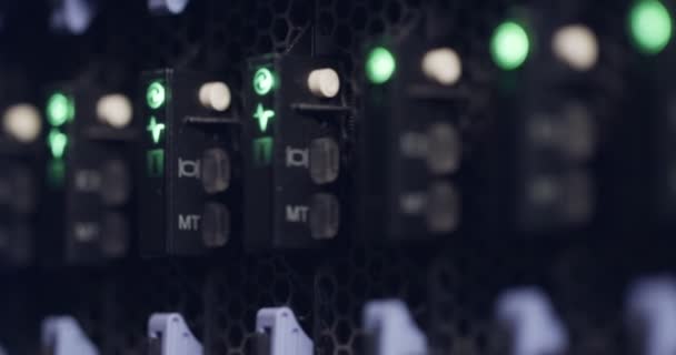 Close up of blinking light in a data center servers — Stock Video