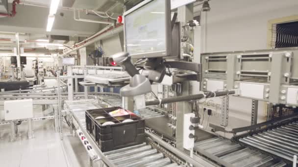 Коробки, движущиеся на конвейерах в большом автоматизированном складе — стоковое видео