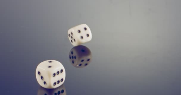 Slow motion macro shot of white dice falling and rolling on reflective surface — Stock Video