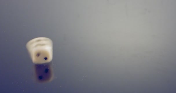 Makroaufnahme in Zeitlupe von weißen Würfeln, die auf reflektierende Oberfläche fallen und rollen — Stockvideo