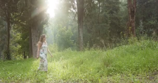 Fiatal gyönyörű nő, fehér ruhában séta egy zöld erdőben — Stock videók