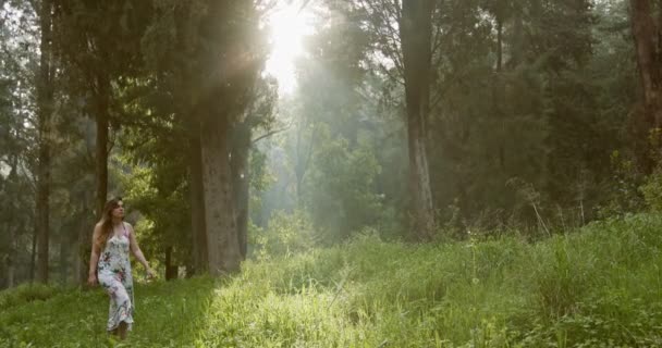 Ung vacker kvinna med en vit klänning som går i en grön skog — Stockvideo