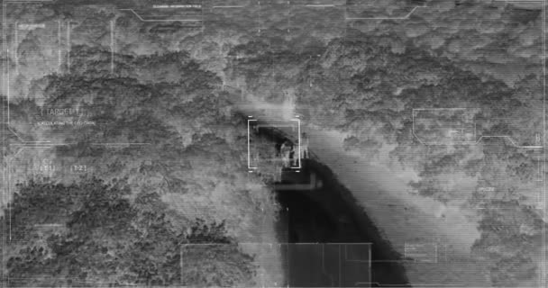 Drone with thermal night vision view of terrorist squad walking with weapons — Stock Video