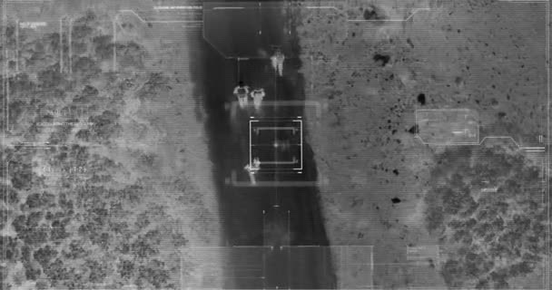 Drone with thermal night vision view of terrorist squad walking with weapons — Stock Video