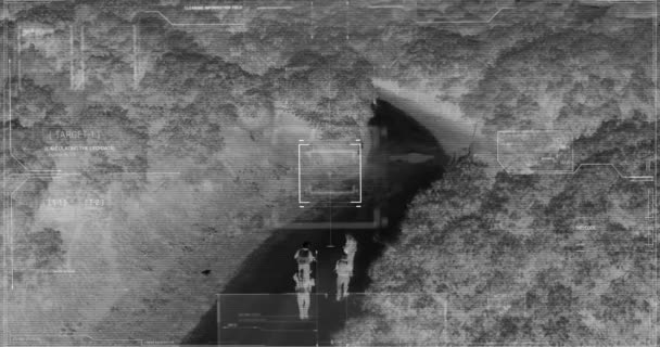 Drone with thermal night vision view of terrorists with camera zooming in — Stock Video