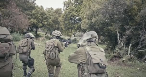 Escuadrón de soldados de comando completamente armados durante el combate en un paisaje forestal — Vídeos de Stock