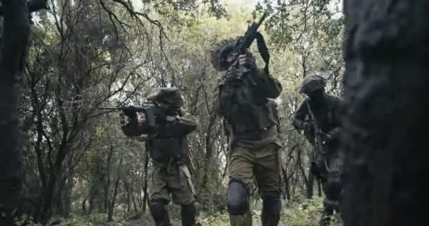 Skupina plně ozbrojených vojáků v boji v lesní scenérii — Stock video