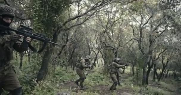 Squad a teljesen fegyveres kommandós katonák harc közben egy erdőben táj — Stock videók