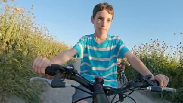 POV de um menino desfrutando de um passeio de bicicleta no campo rural — Vídeo de Stock