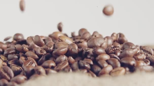Slow motion of coffee beans falling into a burlap sack — Stock Video