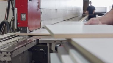 Bir mobilya imalat fabrikasında çalışan işçi bir makineye ahşap plakalar yerleştirerek