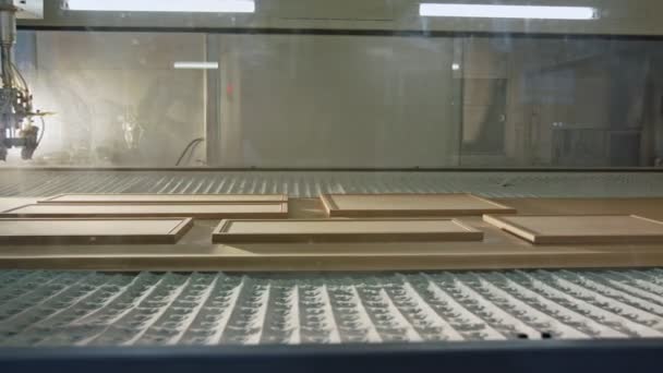 Zautomatyzowany robot do malowania drewna w zakładzie produkcyjnym mebli — Wideo stockowe
