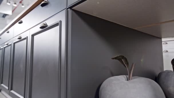 Rastreamento tiro de uma cozinha de luxo com design clássico cinza e branco — Vídeo de Stock