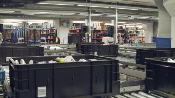 Boxes on a conveyor belt in a large automated warehouse — 비디오