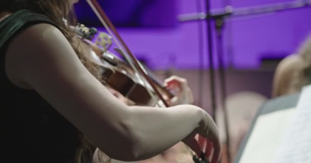 Músico tocando violino durante um ensaio de música clássica antes de um concerto — Vídeo de Stock