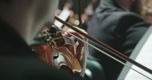 Музыкант играет на скрипке во время репетиции классической музыки перед концертом — стоковое видео