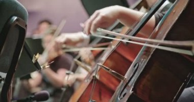 Müzisyen bir konserden önce klasik müzik provası sırasında cello oynuyor