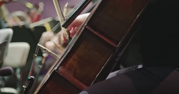 Hudebník, který hraje violoncello během zkoušky klasické hudby před koncertem — Stock video