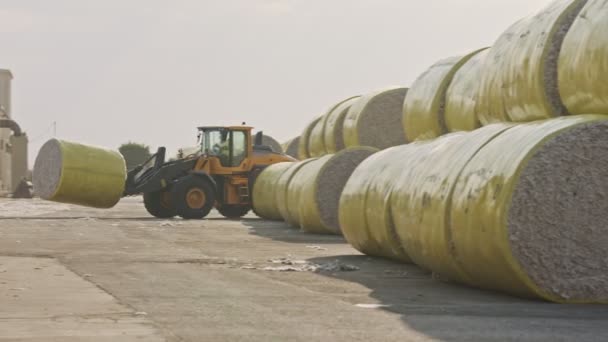 Large tractor loading cotton bales at a cotton gin before processing — ストック動画