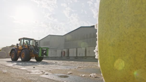 Großer Traktor belädt Baumwollballen an einem Baumwollgin vor der Verarbeitung — Stockvideo