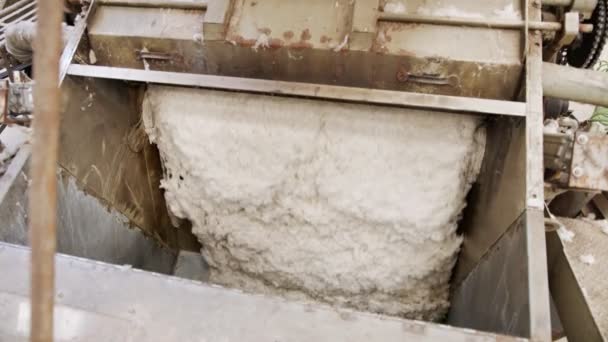 Algodón limpio que fluye dentro de una máquina en una gran ginebra de algodón industrial — Vídeo de stock