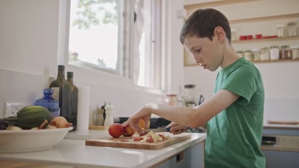 Ung pojke som arbetar i köket skivning frukt till frukost — Stockvideo