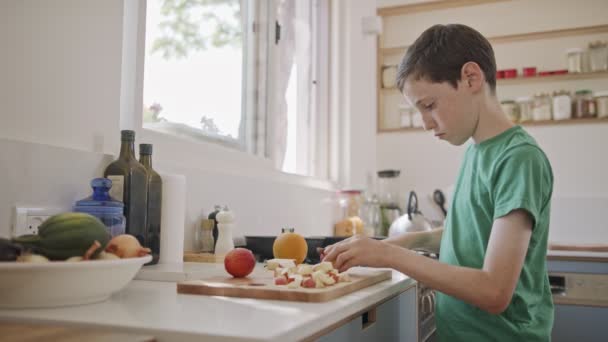 Fiatal fiú dolgozik a konyhában gyümölcsöt szeletel reggelire — Stock videók
