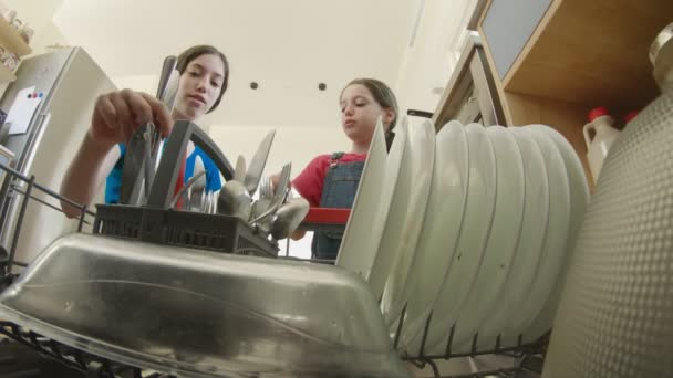 Twee meisjes vullen de vaatwasser met vuile vaat — Stockvideo