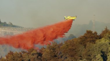İtfaiye uçağı, tepelerdeki bir orman yangınına yangın söndürücü döktü.