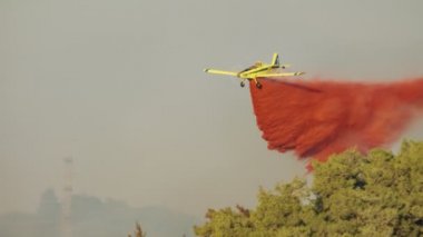 İtfaiye uçağı, tepelerdeki bir orman yangınına yangın söndürücü döktü.
