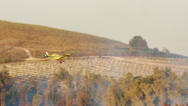 Löschflugzeug wirft bei Waldbrand in den Hügeln Brandschutzmittel ab — Stockvideo