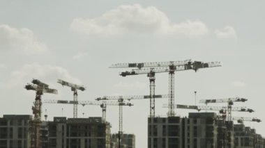 Binaların üzerinde çalışan vinçleri olan büyük bir inşaat alanı.