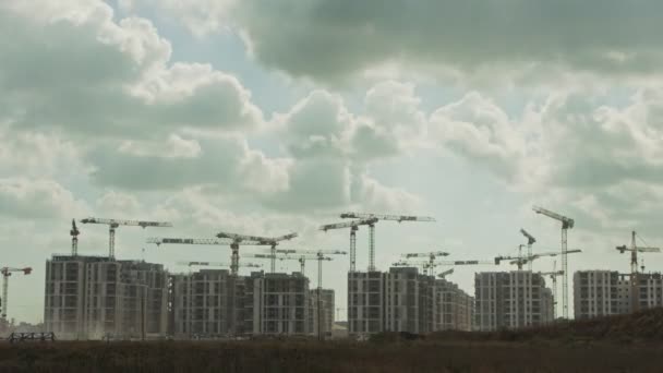 Timelapse dużego placu budowy z wieloma dźwigami pracującymi nad budynkami — Wideo stockowe