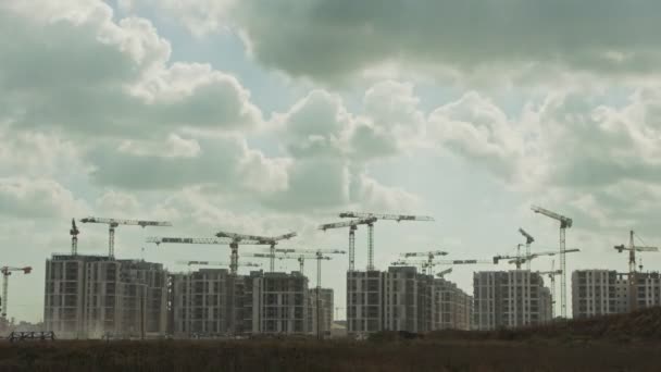 Timelapse de um grande canteiro de obras com muitos guindastes trabalhando sobre edifícios — Vídeo de Stock